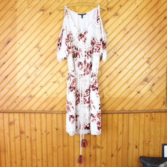 White House Black Market Cold Shoulder Dress Size 6 Taupe Red Short Sleeve D74 - Picture 6 of 10